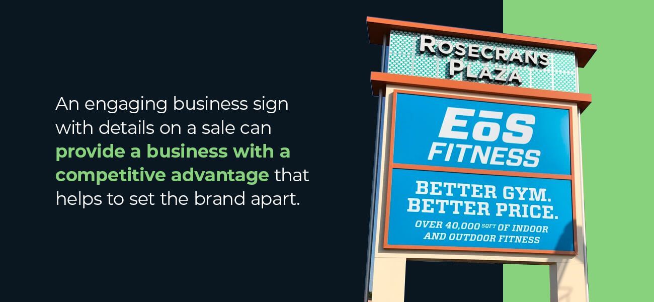 An engaging business sign with details on a sale can provide a business with a competitive advantage that helps to set the brand apart.