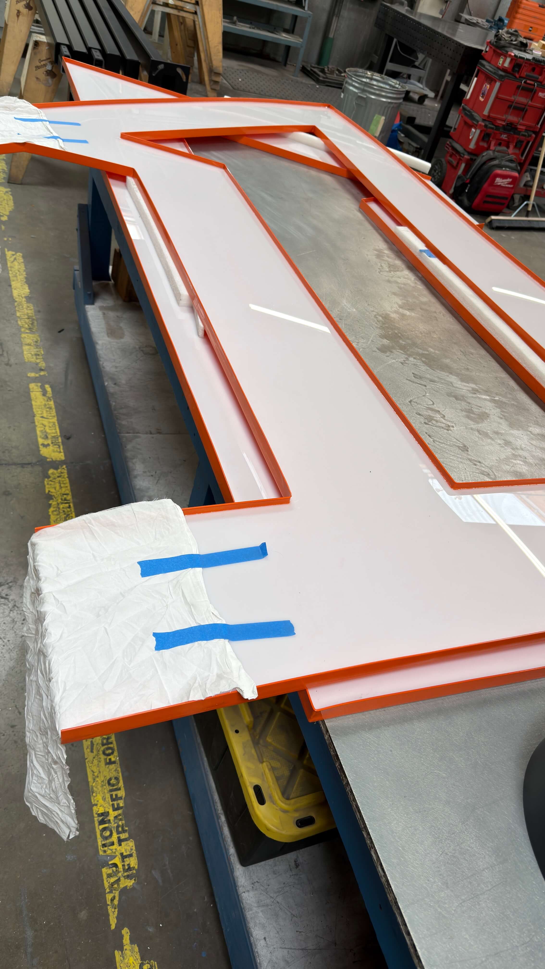 Sign frame assembly in fabrication shop